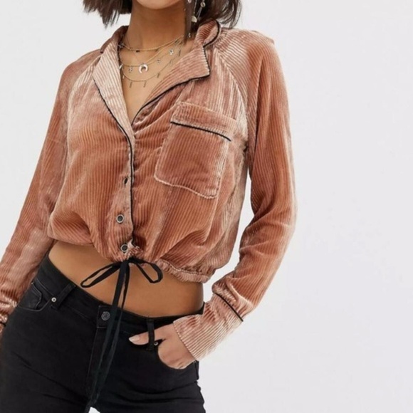 Free People Velvet Nights Aspen Cropped Blouse Top Burnout Tan Size Large - Picture 1 of 11